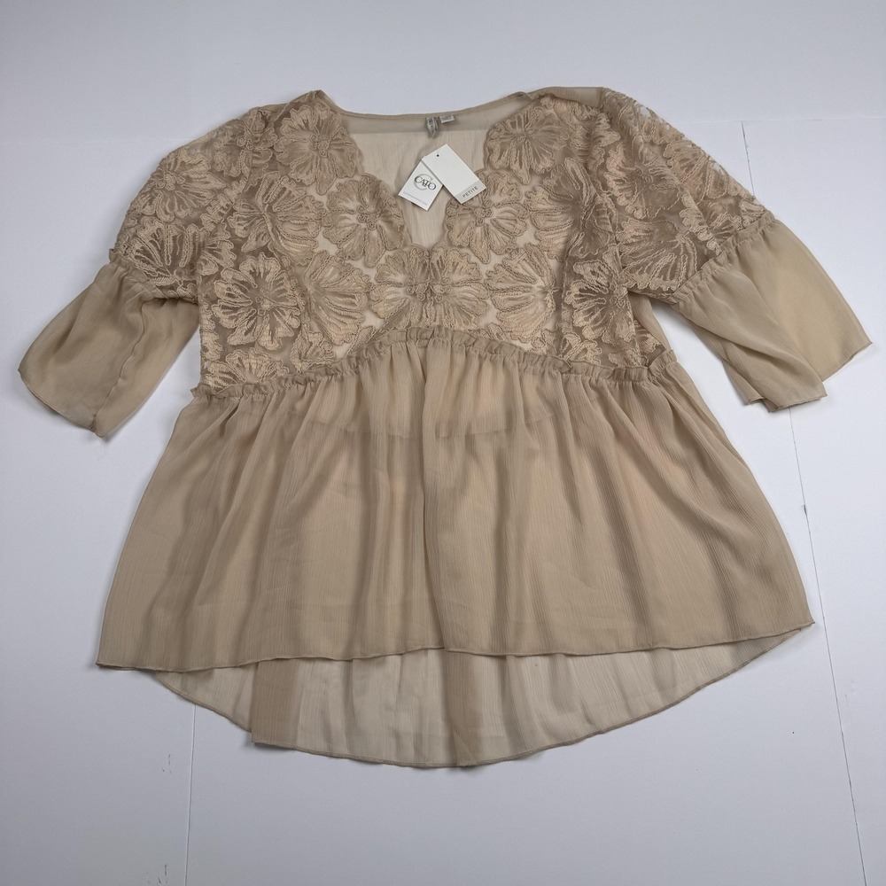 Cato Blouse Womens 14/16WP Beige Sheer Lace Embroidered High Low Chiffon Top